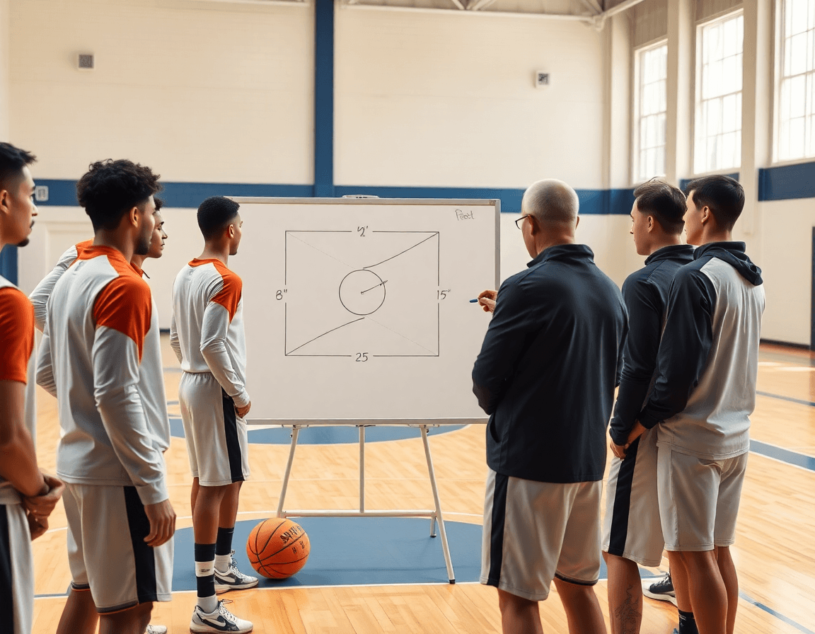 Box and one defense basketball setup shown on a basketball gym floor during high-level basketball practice.