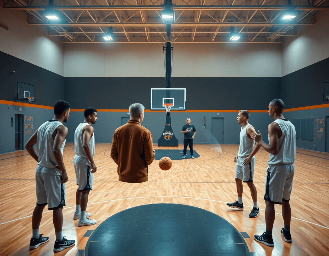 Box offense basketball drill around the paint, coach guiding players with a clipboard on the sideline.