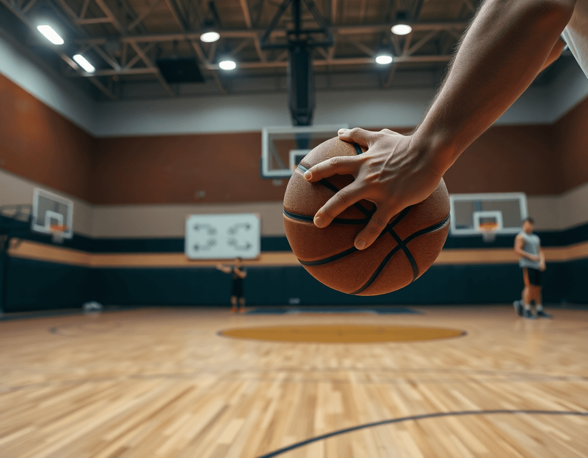Close-up on basketball hands during box offense basketball spacing drill with coach guiding on a whiteboard.