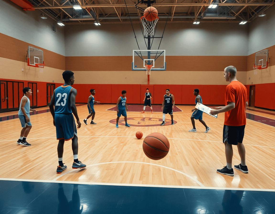 Full-court box offense basketball moment as players rotate near the paint and coach directs from the sideline.
