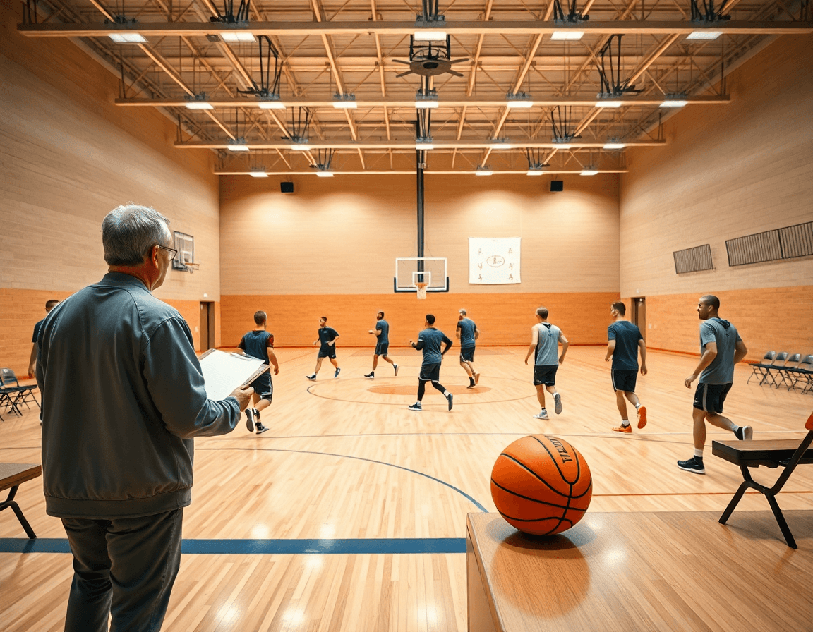 Wide-angle basketball gym scene with coach and players, showcasing box offense basketball setup and training.