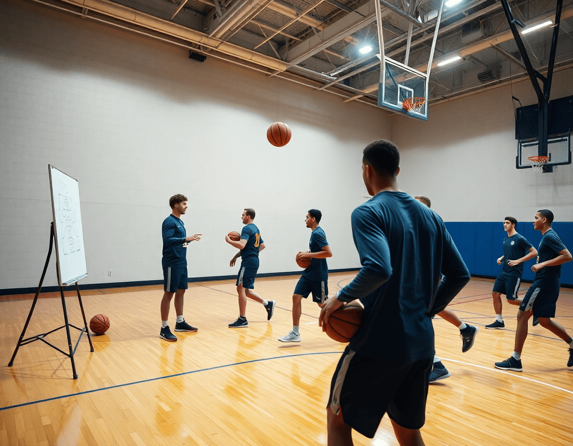 Coach sketches basketball plays on whiteboard while players practice basketball drill on hardwood.