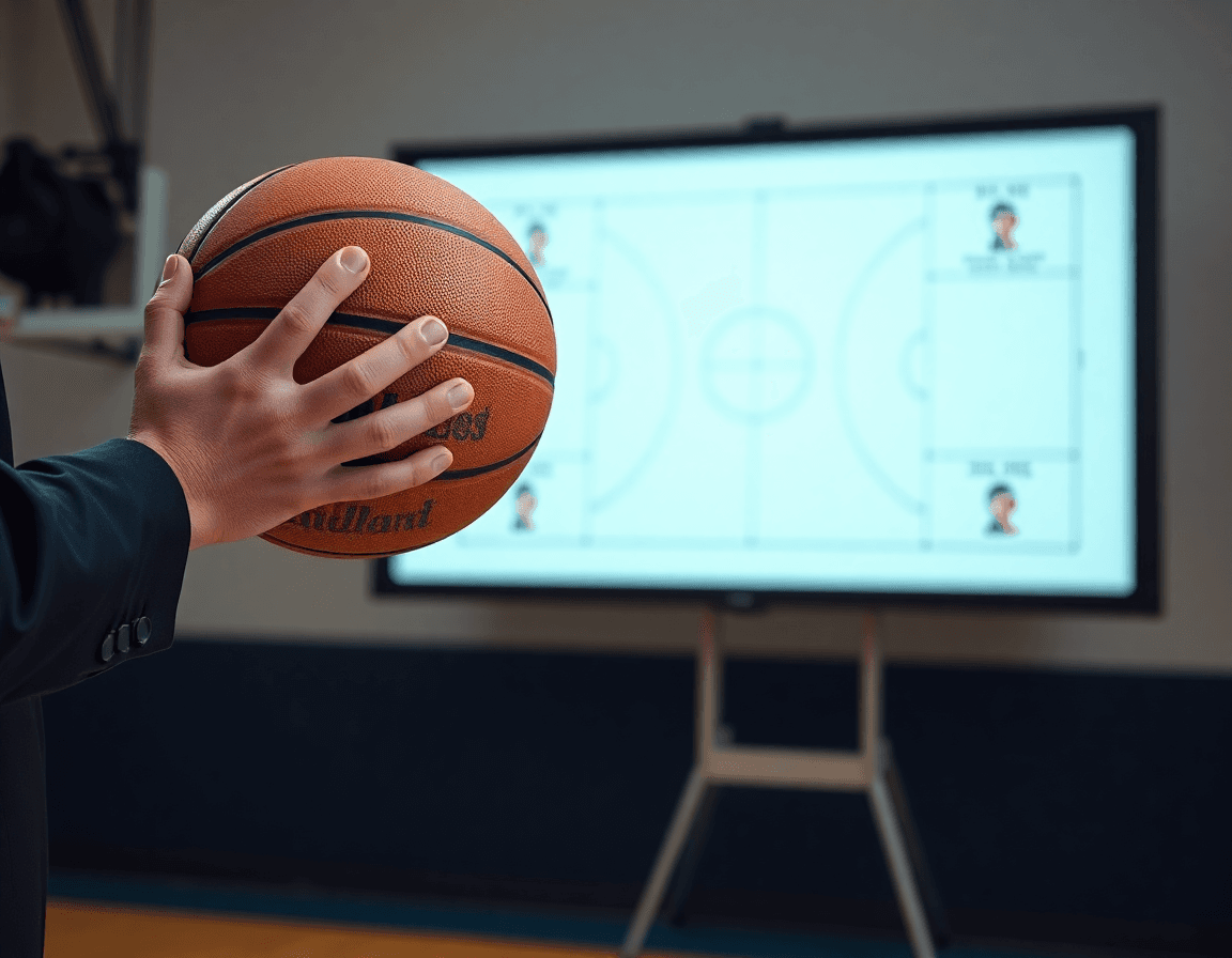 Close-up of coach hands holding basketball while whiteboard shows basketball plays for the team.