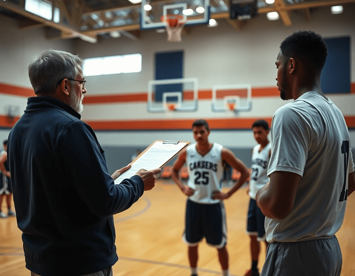 Coach with clipboard reviews basketball notes while players study basketball drills on hardwood court.