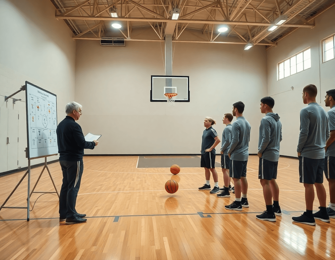 Wide shot of basketball players and coach using a free basketball playbook on a whiteboard.