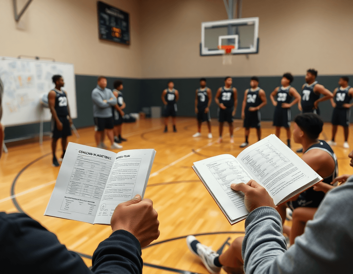 coaching basketball books guide a close-up planning moment beside the hardwood basketball court.