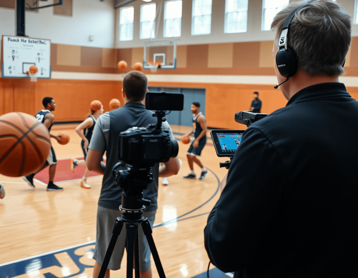 coaching basketball books frame a camera-ready drill on the hardwood with a whiteboard.