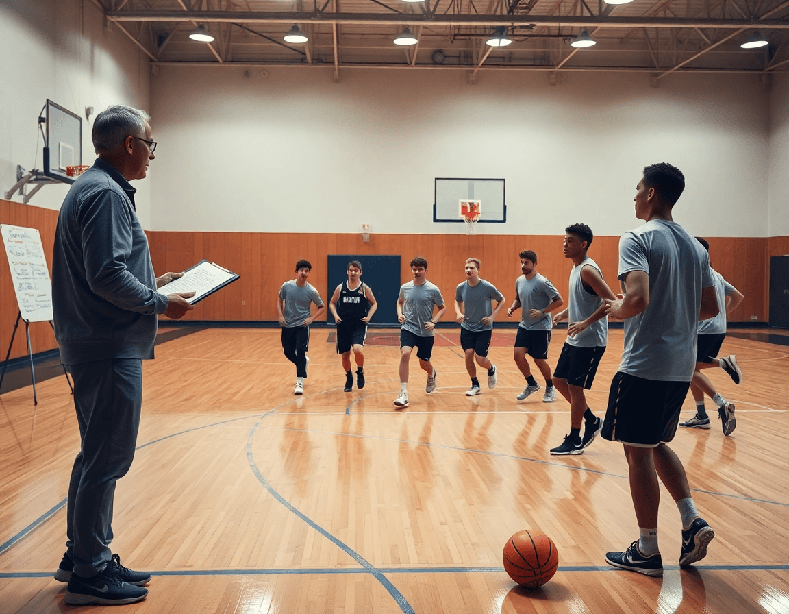 coaching basketball books inspire a wide gym scene with a coach guiding players on hardwood.