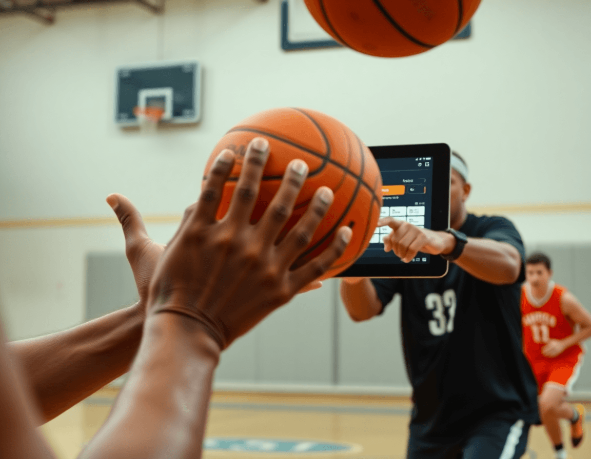 Close-up of hands catching a pass while the coaching board app guides the basketball drill.