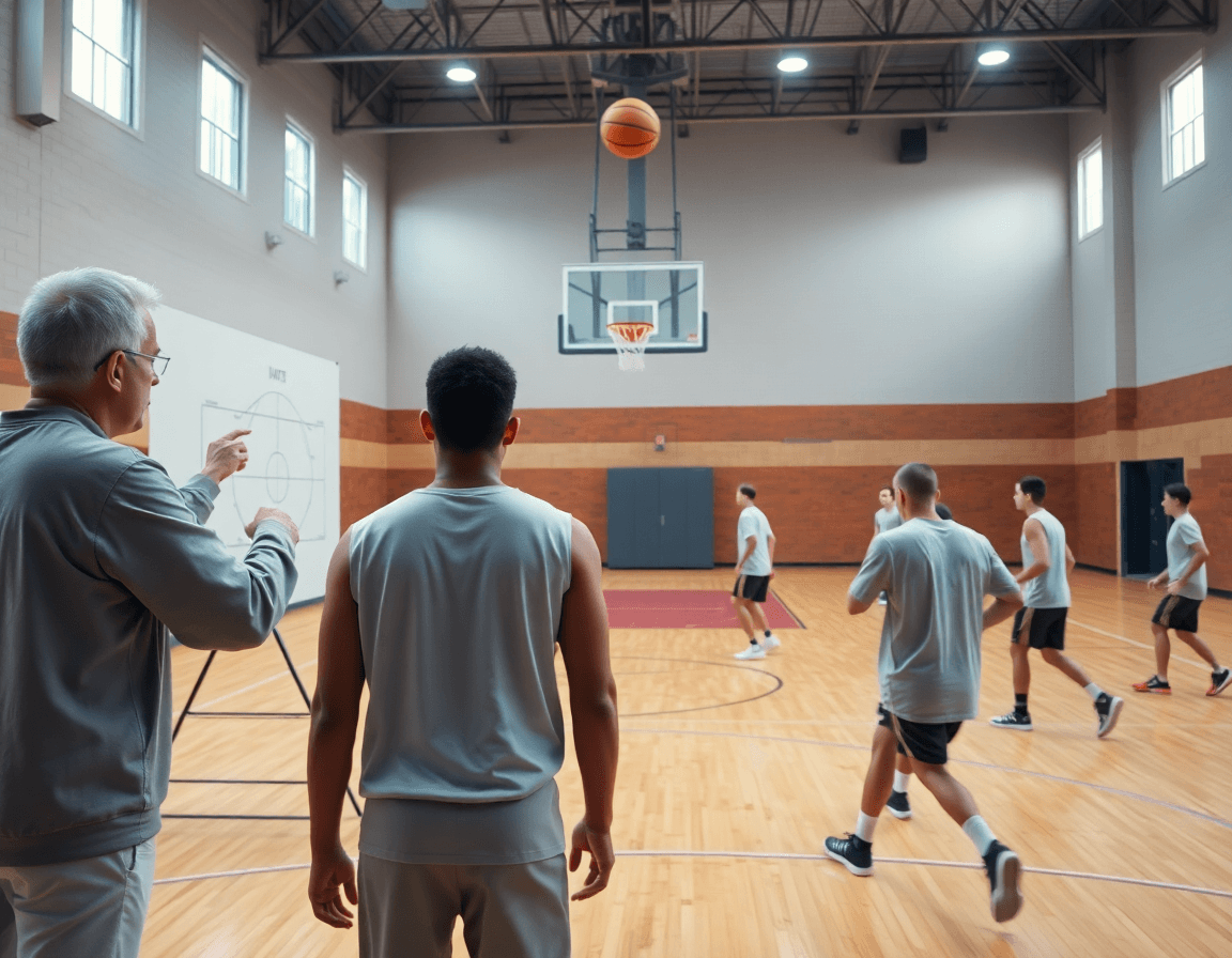 Wide basketball gym scene with a coach by a tactics whiteboard while players practice basketball.