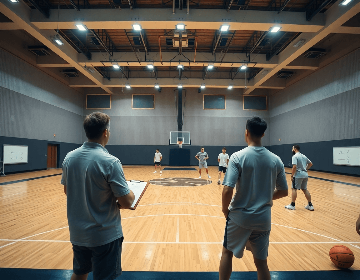 College basketball playbook pdf inspires a wide-court practice as players drill under bright gym lights.