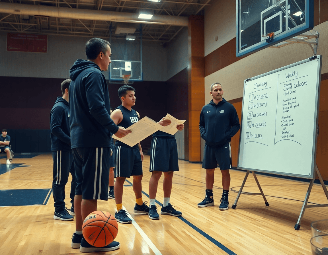 Wide shot of a college basketball practice plan template in action on a gym court.