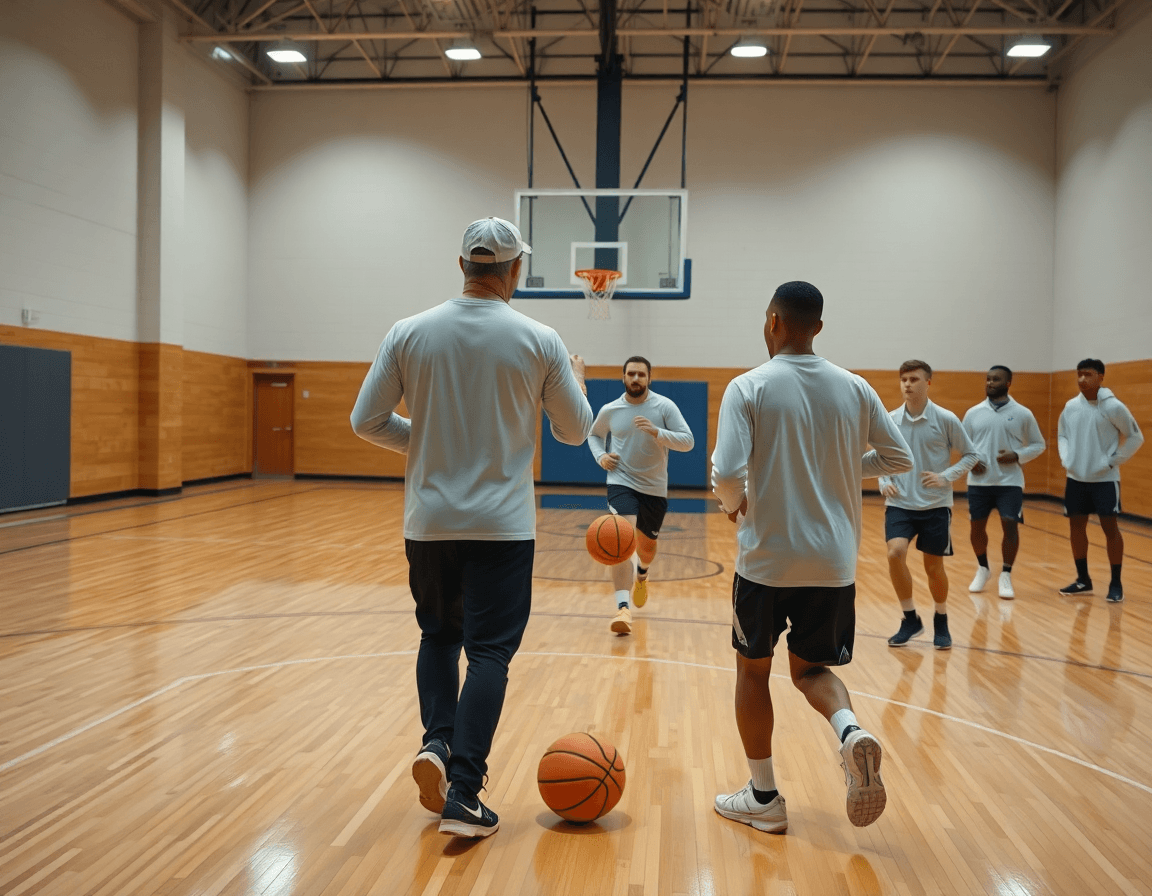 Close-up on a college basketball practice plan template shown on a whiteboard during a drill.