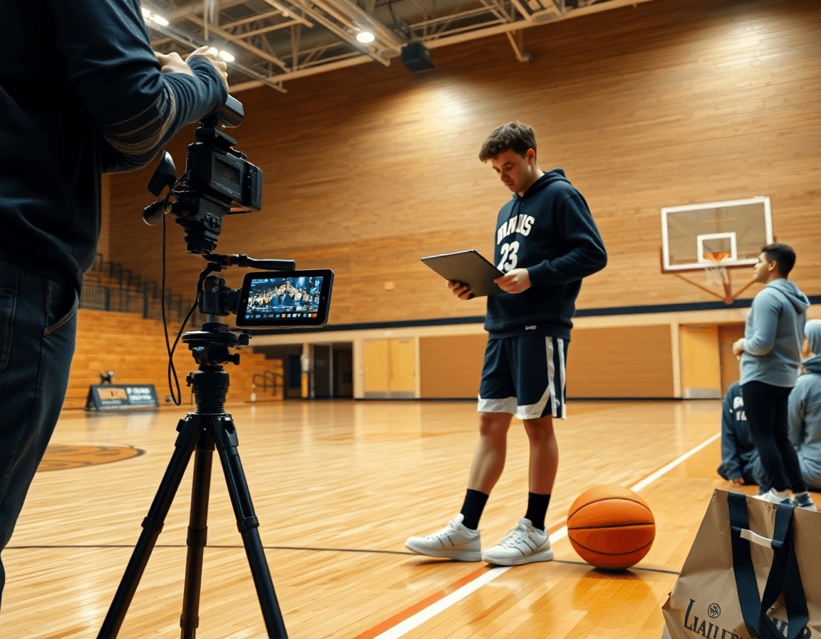 Wide shot of college basketball video workflow on a gym court with a camera and tablet.