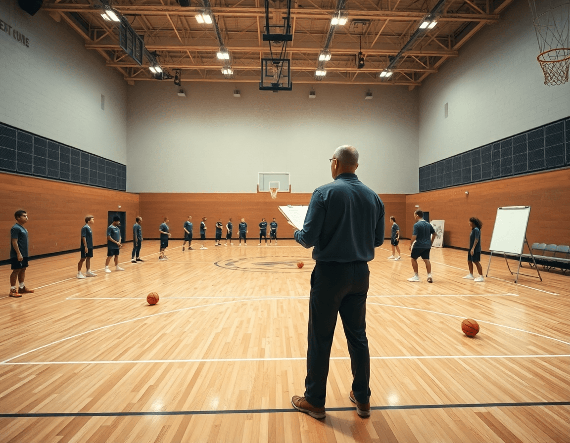 Wide cinematic view of a college basketball practice plan template in a bustling gym.
