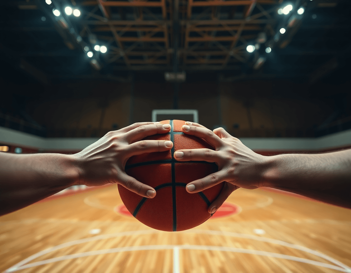 College basketball scouting report close-up of hands passing a basketball on the gym floor.