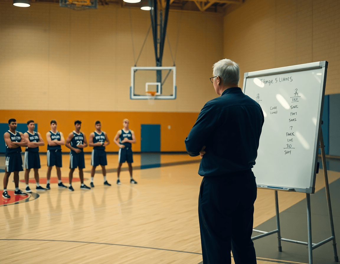 College basketball scouting report coach explains a play at the whiteboard in the gym.