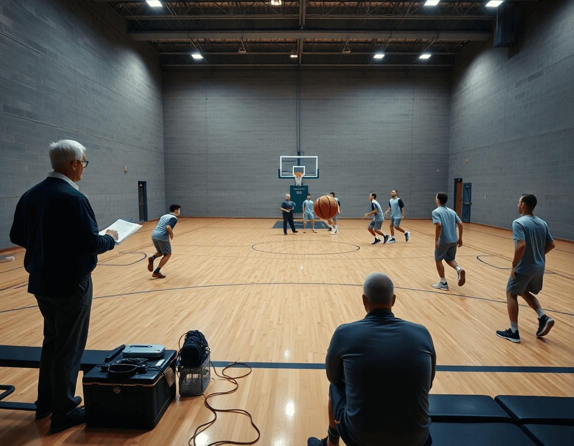 College basketball scouting report scene on a gym floor as coach guides players through a basketball drill.