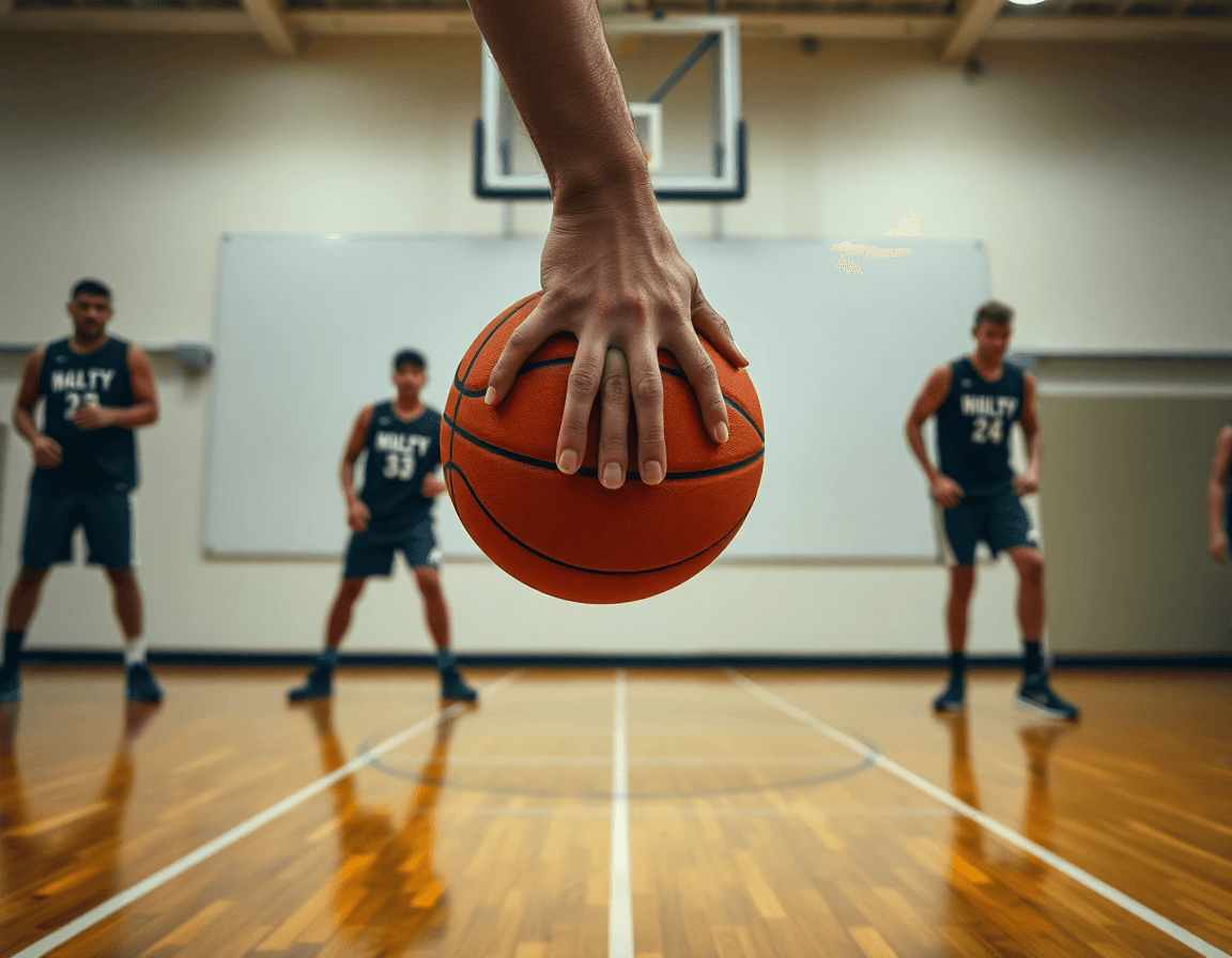 Close-up on hands and a basketball during continuous motion offense basketball drills.