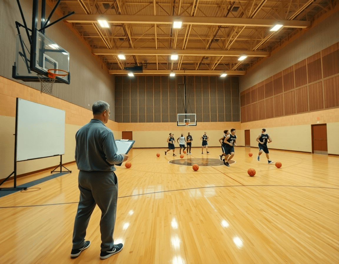 Wide shot of continuous motion offense basketball in a bright gym, coach guiding drills with a whiteboard.