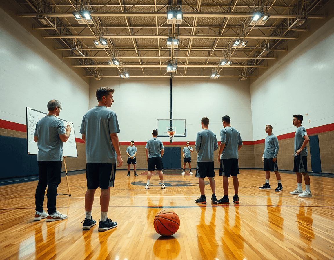 Wide basketball gym scene showing defense drills with coach and players on a hardwood court.