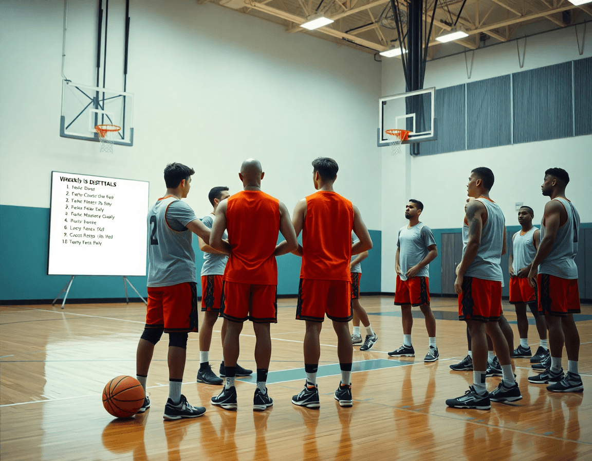 Defensive goals defined in a basketball gym as players listen while a basketball rests nearby.