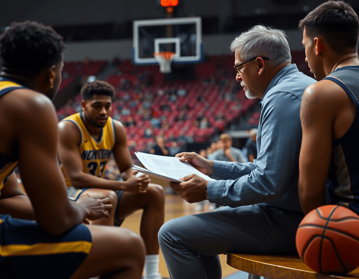 Scouting notes on screen guide defensive planning as players watch on the hardwood basketball court.