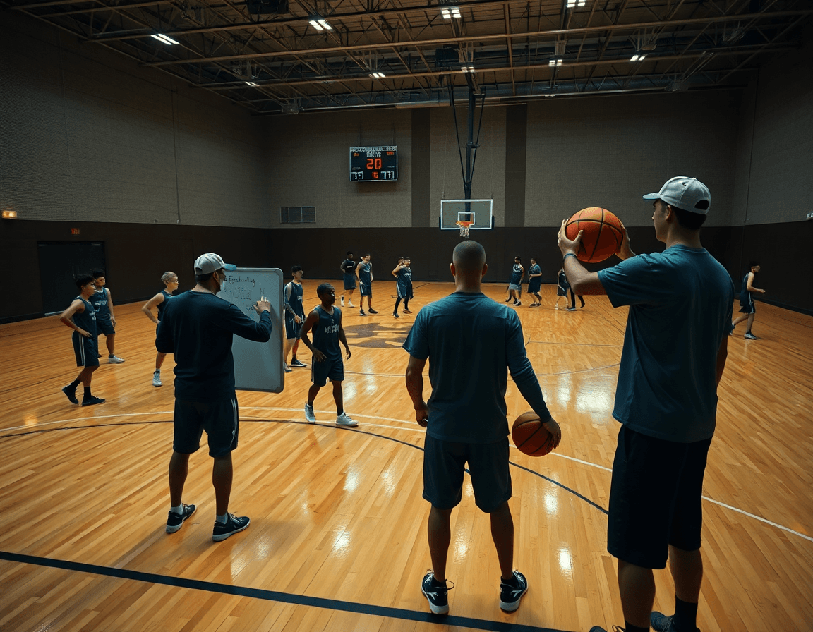 Wide shot of a basketball gym with coach and players planning defensive tactics in basketball.