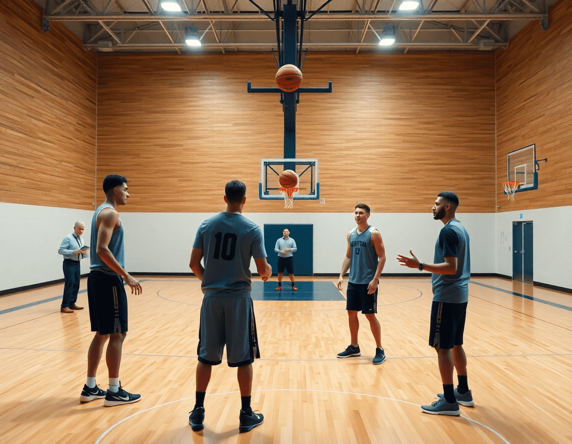 Close-up on hands passing in a diamond passing drill basketball on a hardwood court.