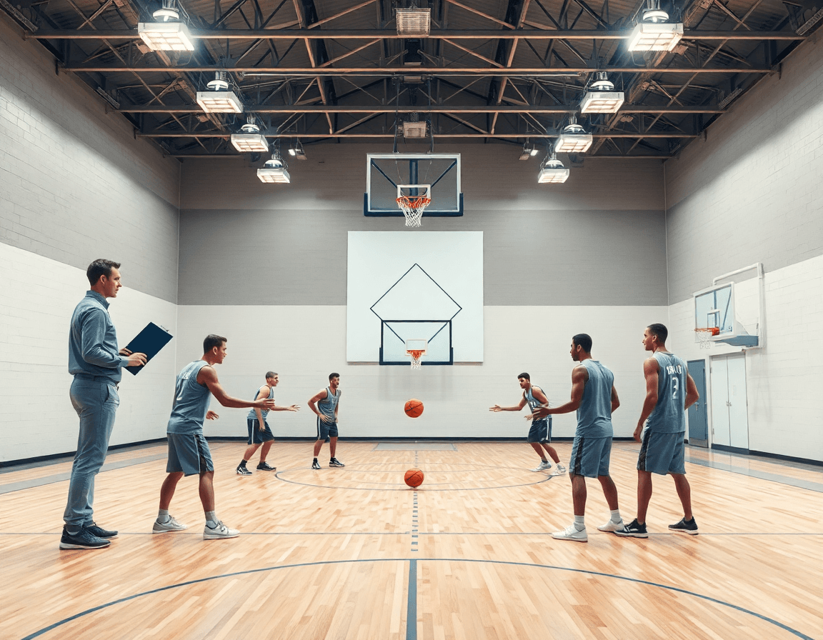 Diamond passing drill basketball wide gym shot with coach, players, and a diamond pattern on the court.