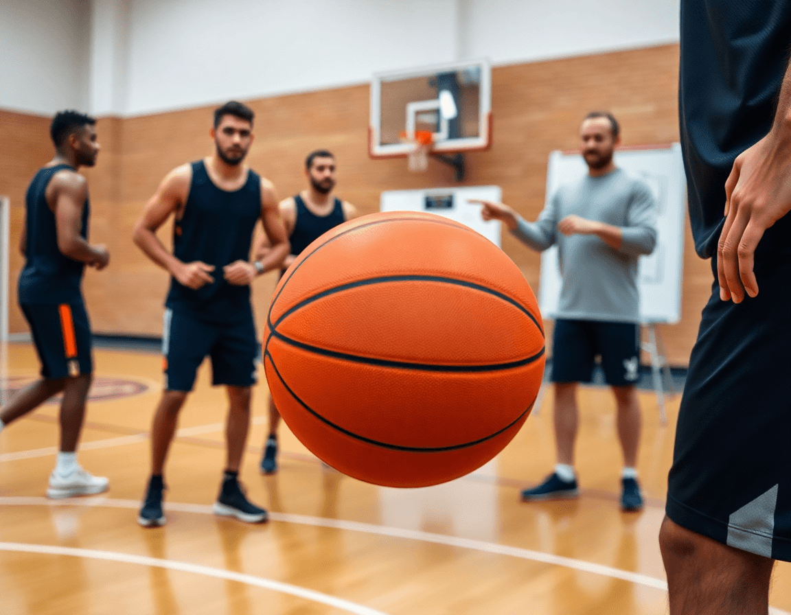 Close-up on hands and an orange basketball during a basketball drill on the hardwood court.