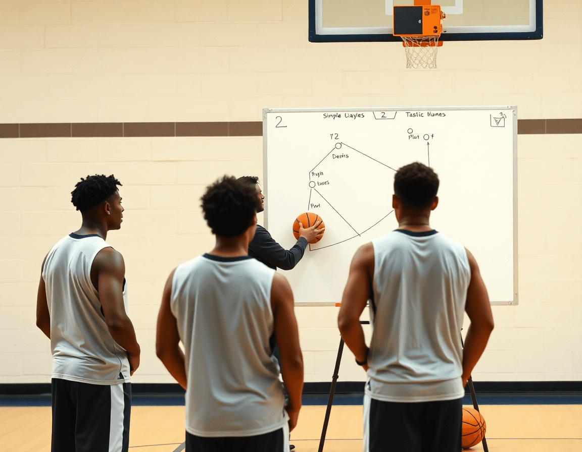 Coach demonstrates a simple basketball play on a whiteboard beside the full court.