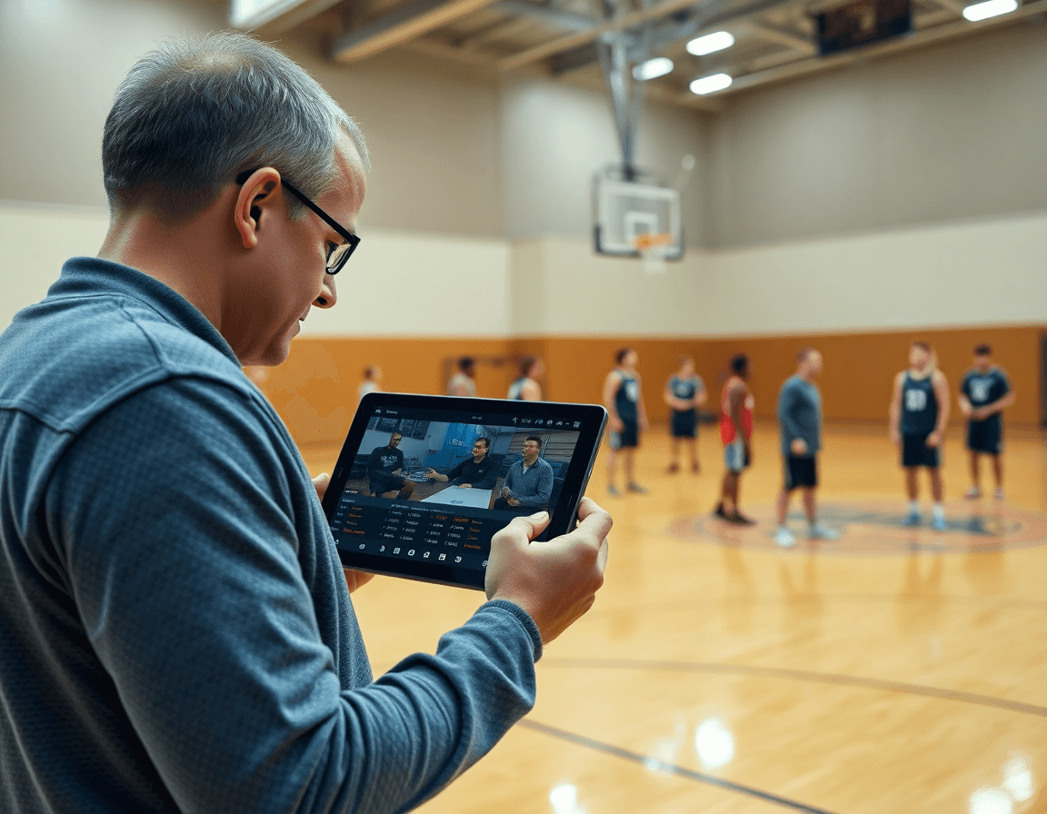 Coach reviews basketball scouting clips on a tablet while players practice on court.
