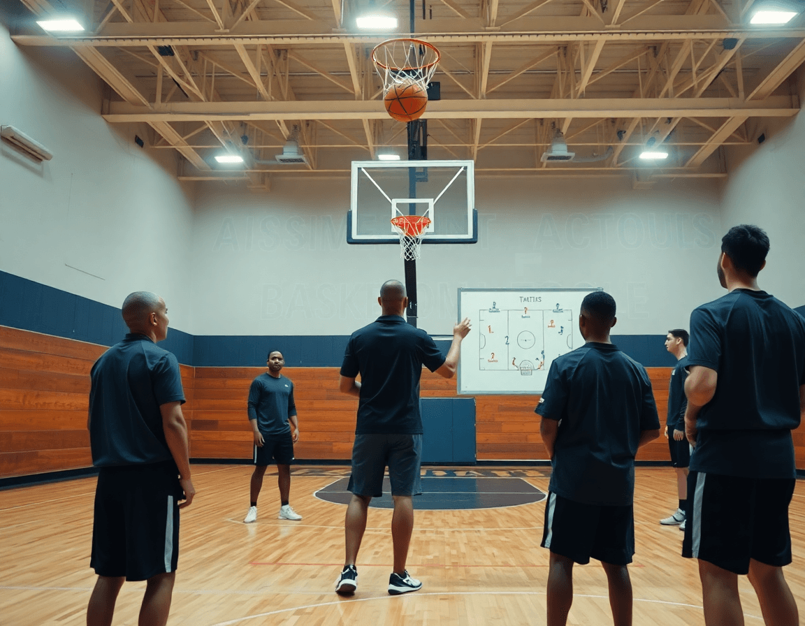 Wide basketball gym scene with coach and players using a basketball coaching board online.