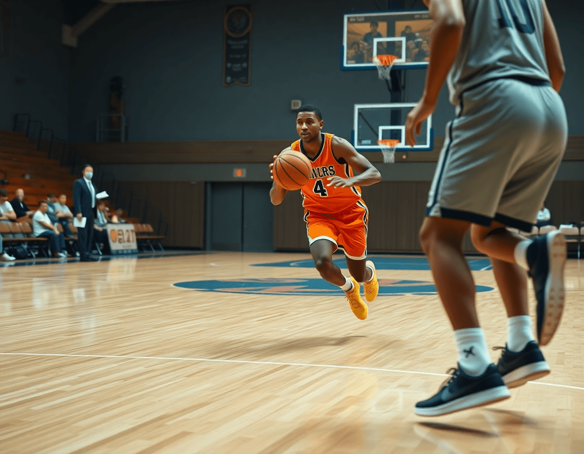 A basketball player drives to the lane, kicks out to a shooter during a drive and kick drill.
