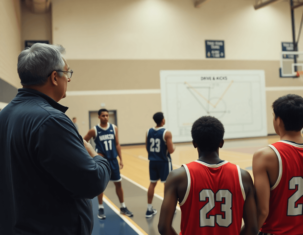 Coach points to a whiteboard showing drive and kick drill paths as basketball players study the plan.