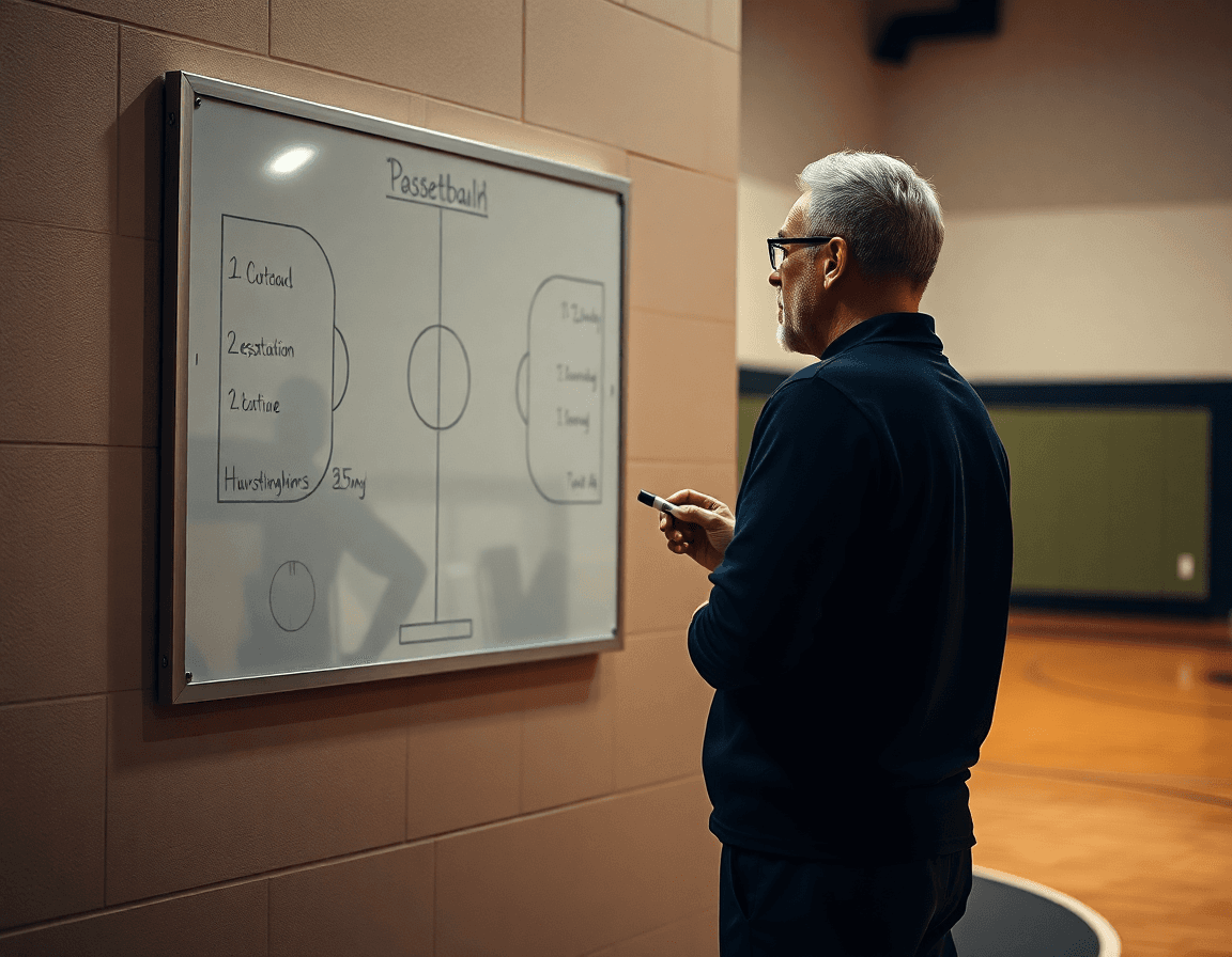 Coach explaining tactics on a gym whiteboard