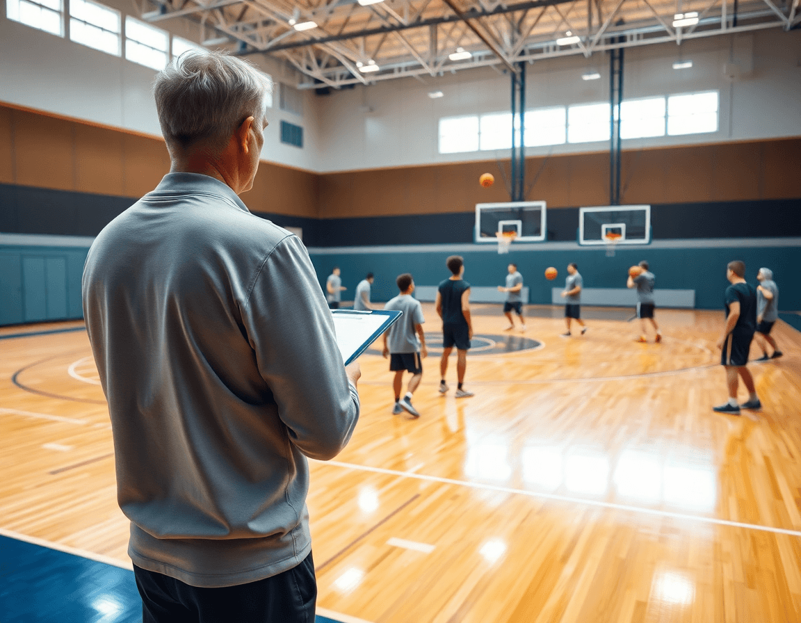 A wide-angle basketball gym scene showing a drive and kick drill with coach and team.