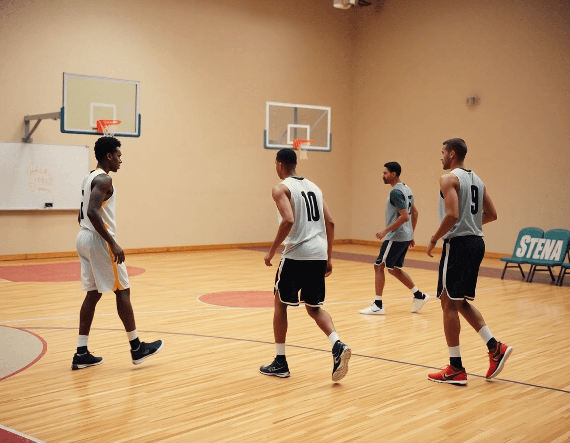 duke motion offense drill shown in a wide basketball court scene with players.