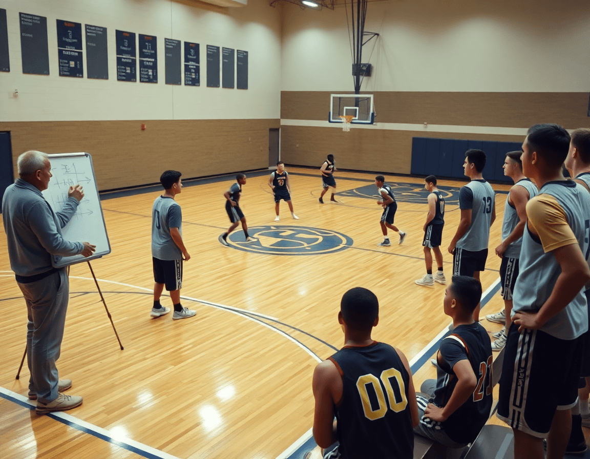 duke motion offense technique explained by coach at whiteboard as players watch on the hardwood basketball court.