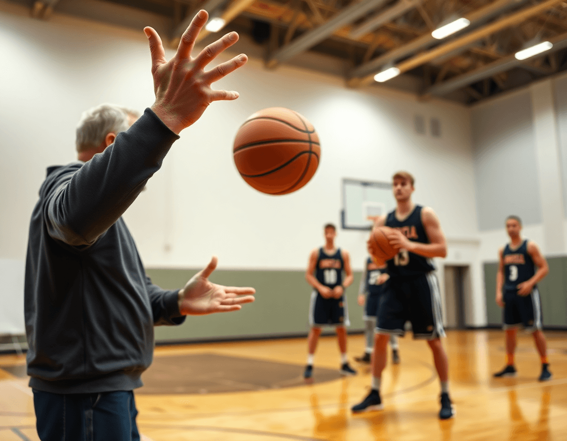 close-up on hands guiding a basketball during a duke motion offense drill on the hardwood basketball court.