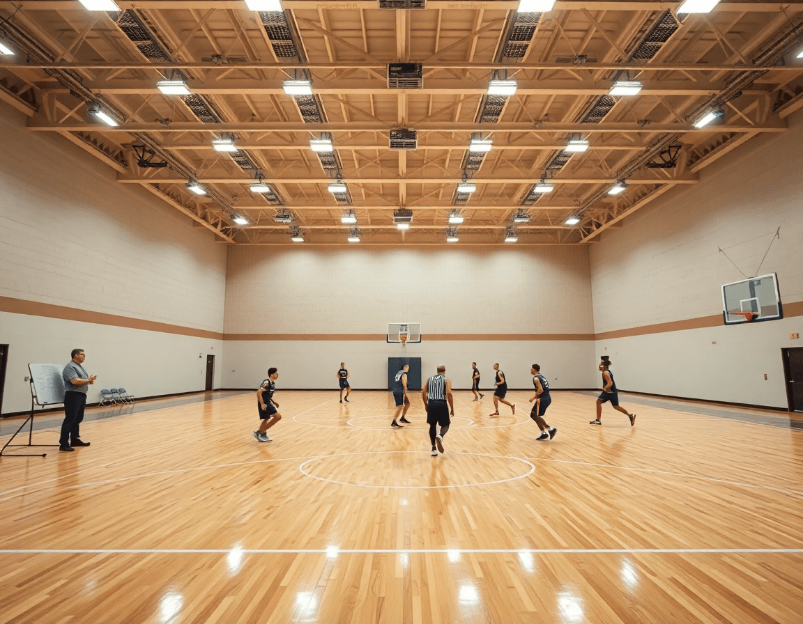 wide cinematic shot of a duke motion offense practice in a basketball gym, coach guiding players.