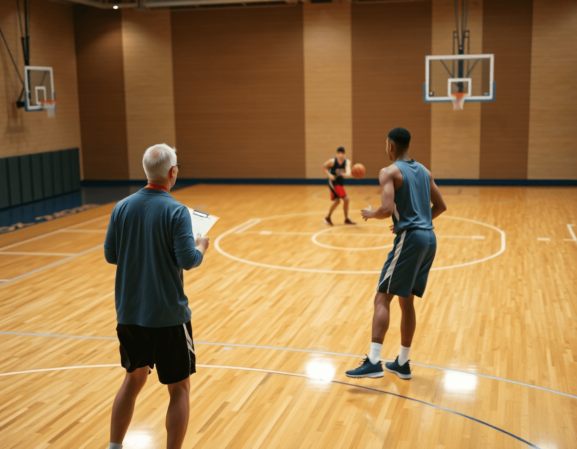 Two players pass and cut on a hardwood basketball court during easy basketball plays for beginners practice.