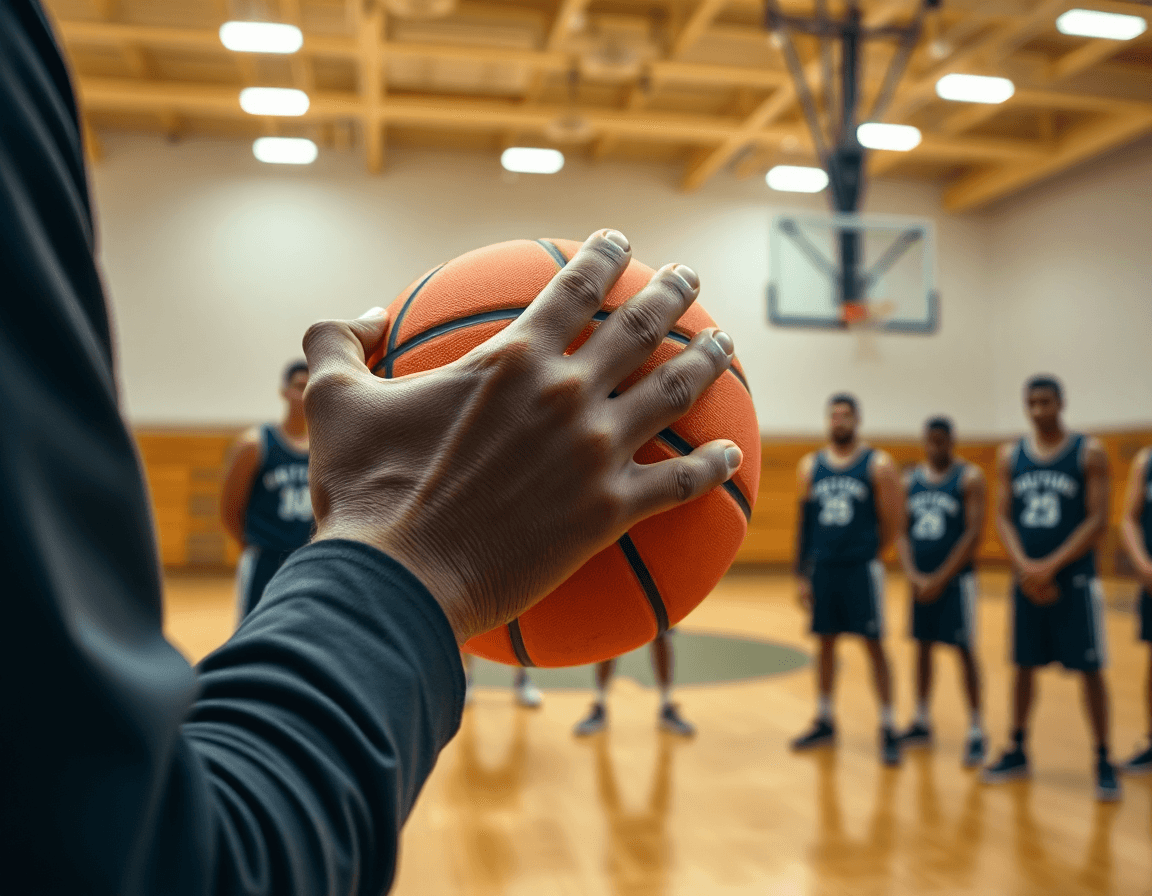 Close-up on hands gripping an orange basketball as a coach outlines a simple play in the basketball gym.