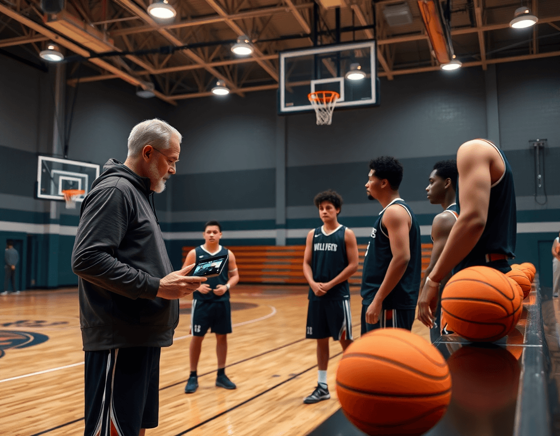 Coach reviews video clips on a tablet while players listen in basketball gym, easy basketball plays for beginners.