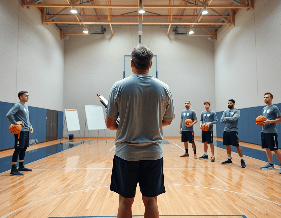Wide shot of a basketball gym as coach explains easy basketball plays for beginners to players.