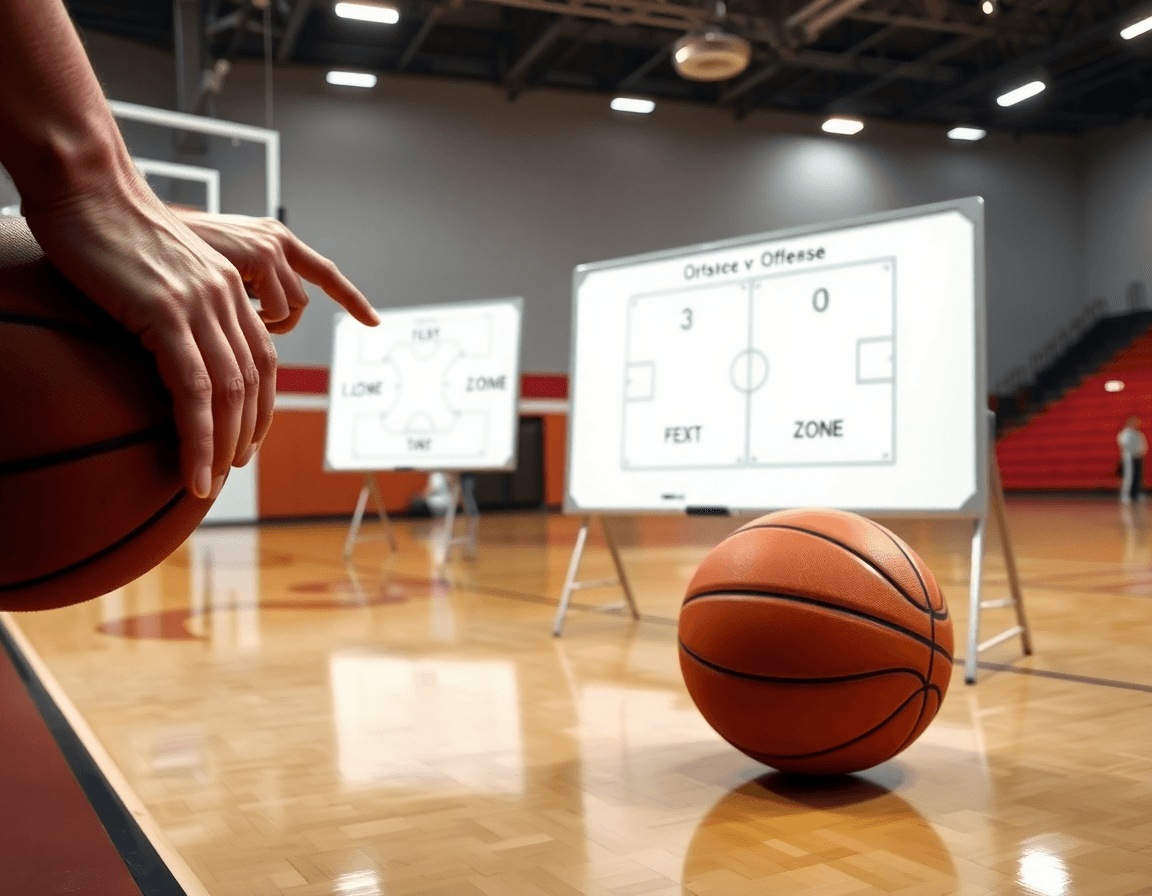 Close-up on hands gripping a basketball as the coach points at a basketball flex offense vs zone diagram.