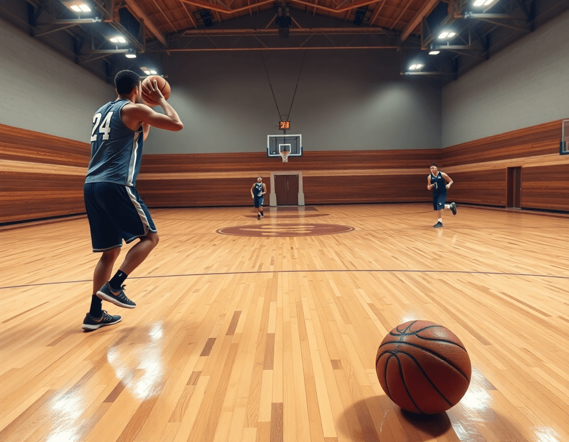 Close-up on a basketball in hands as players move into flex offense positions near the key, basketball.