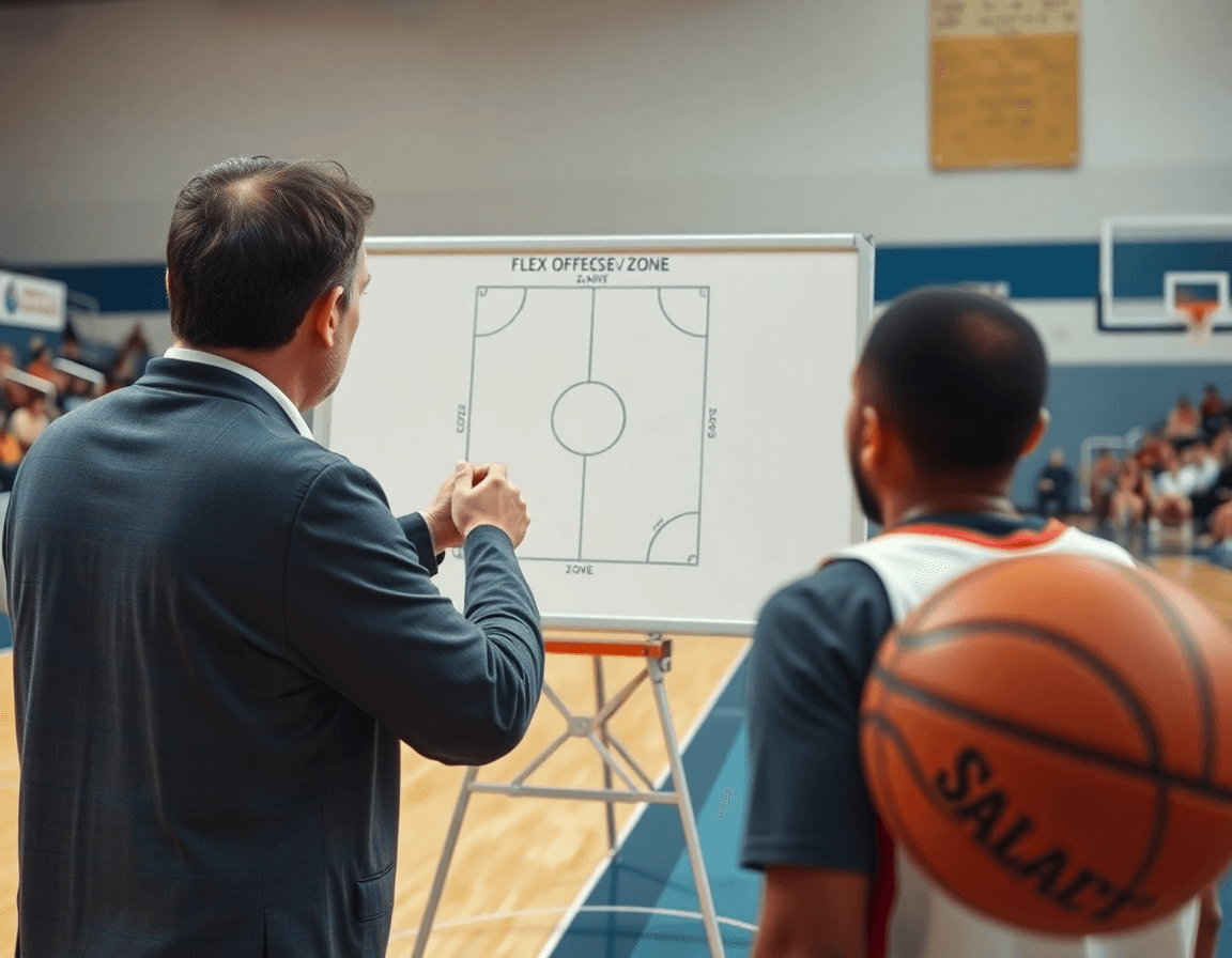 From a sideline view, coach points at a whiteboard diagram for flex offense vs zone, basketball nearby basketball.