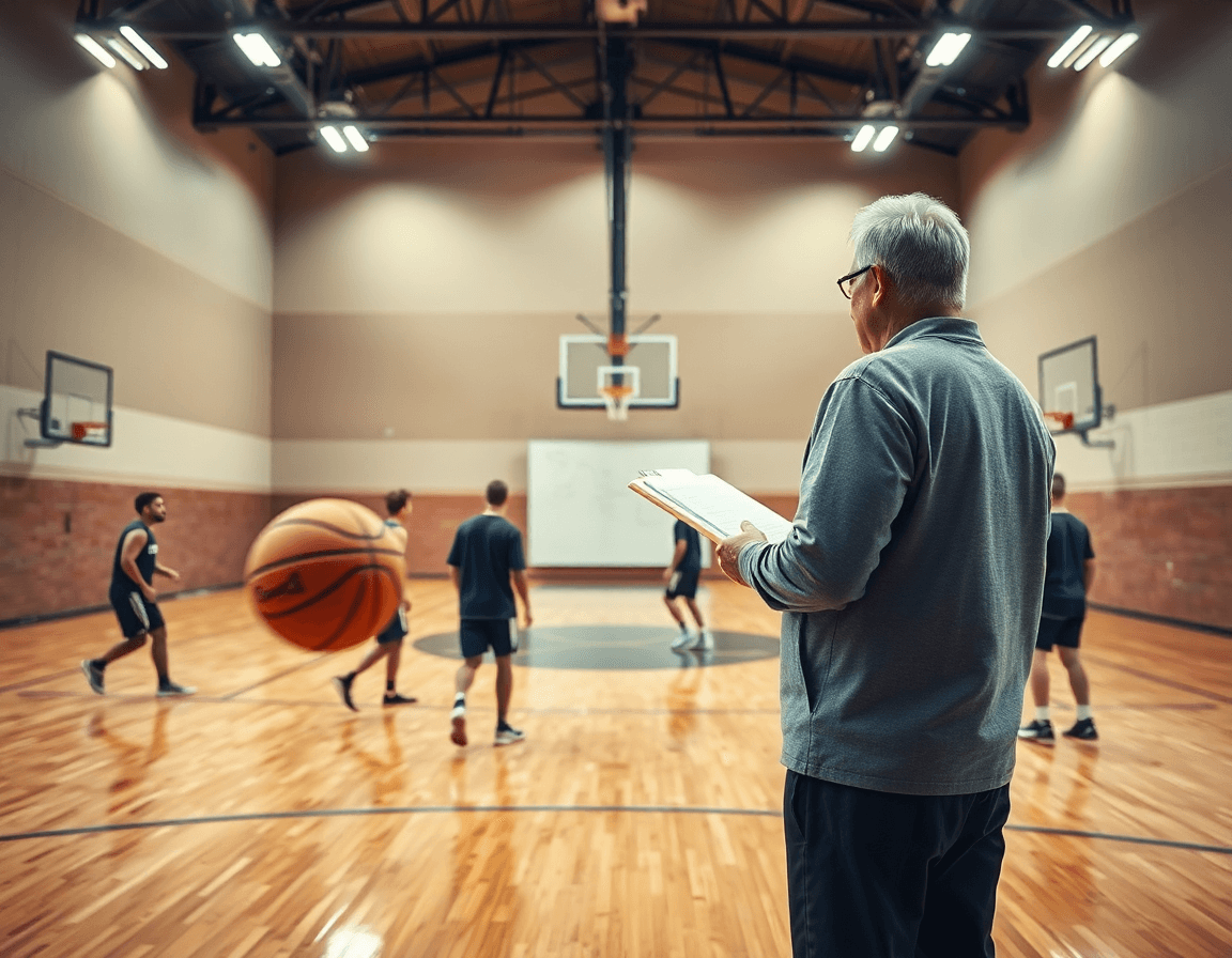 Wide shot of basketball players in a gym as coach explains flex offense vs zone, basketball in motion.